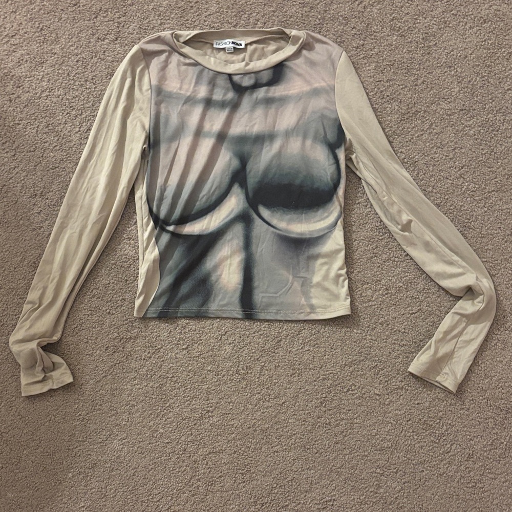 Fashion Nova Beige Artistic Long Sleeve Blouse